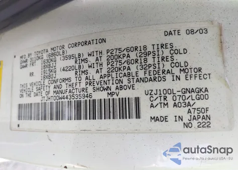 2004 Lexus Lx 470 from USA, damaged, VIN JTJHT00W443535946